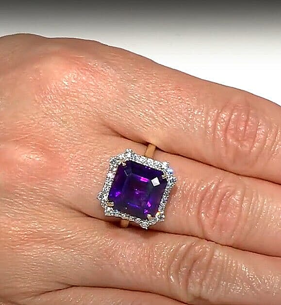 10K Yellow Gold AAA Asscher Cut Lusaka Amethyst, Luxuriant Lab Grown Diamond (G-H, SI) Ring (Size 10.5) 8.81 ctw