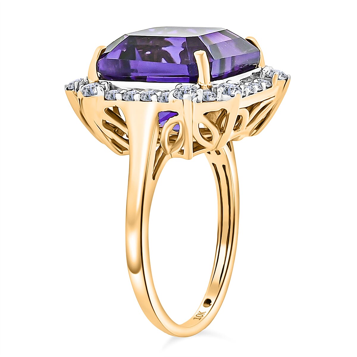 AAA Asscher Cut Brejinho Amethyst and G-H SI Luxuriant Lab Grown Diamond 8.81 ctw Ring in 10K Yellow Gold (Size 9.0) image number 3