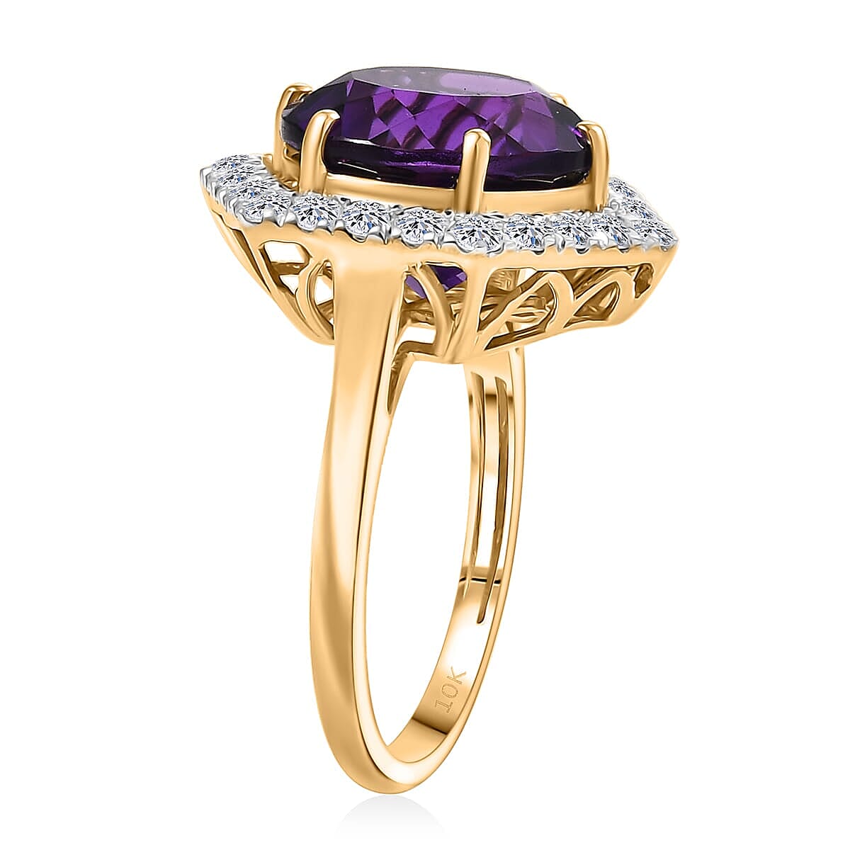 AAA Amethyst and G-H SI Luxuriant Lab Grown Diamond 7.14 ctw Ring in 10K Yellow Gold (Size 10.0) image number 3
