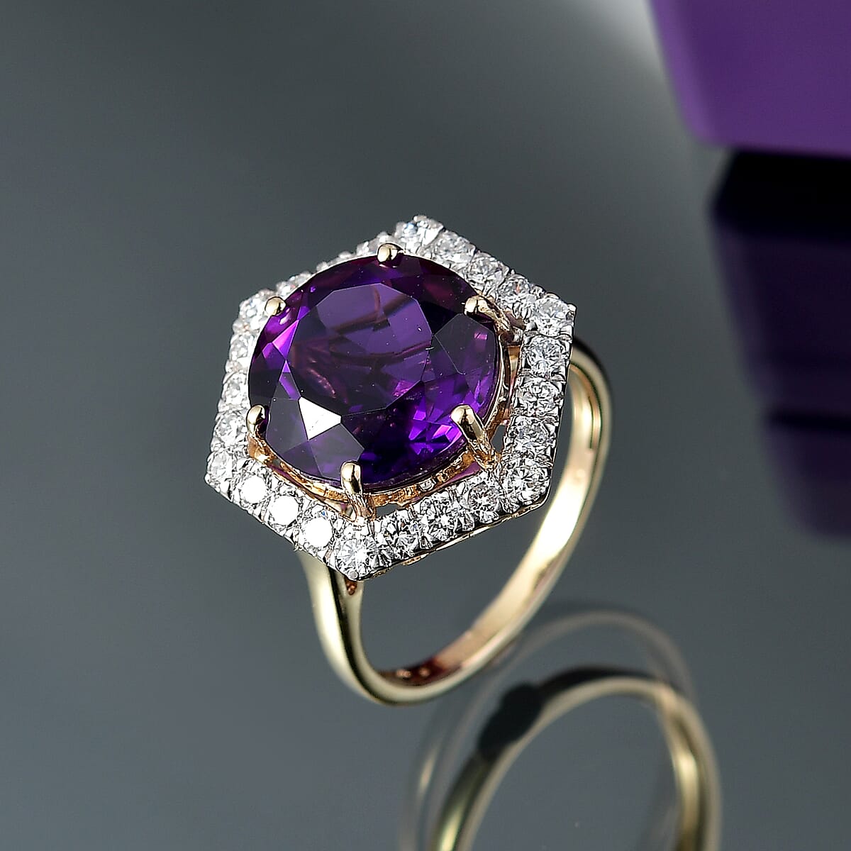 AAA Amethyst and G-H SI Luxuriant Lab Grown Diamond 7.14 ctw Ring in 10K Yellow Gold (Size 8.0) image number 1