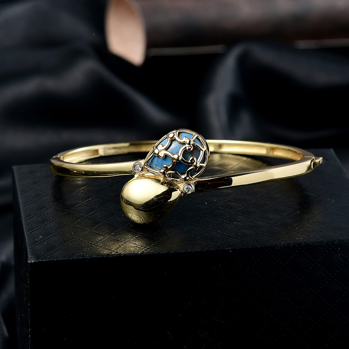 Mojave Blue Turquoise and White Zircon 8.00 ctw Bangle Bracelet in 18K YG Plated (7.50 In) image number 1