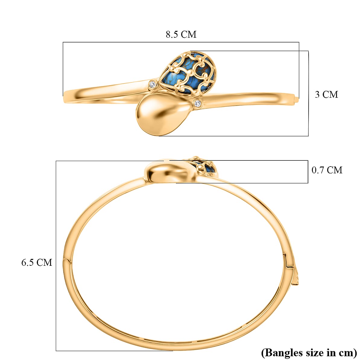 Mojave Blue Turquoise and White Zircon 8.00 ctw Bangle Bracelet in 18K YG Plated (7.50 In) image number 5