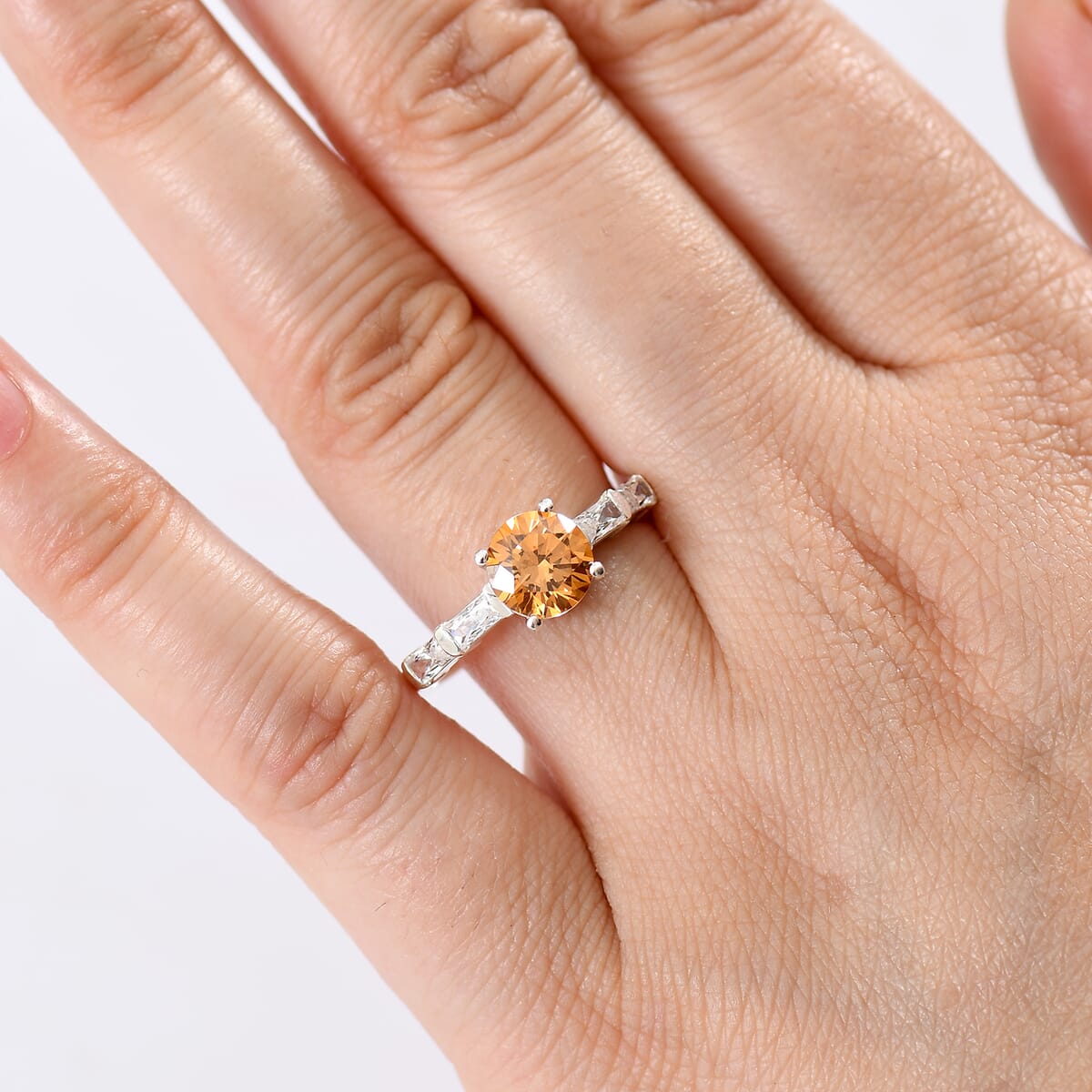 J Francis Embellished with Amber and White Zirconia by Swarovski 3.00 ctw Ring in Platinum Over Sterling Silver (Size 7.0) image number 2