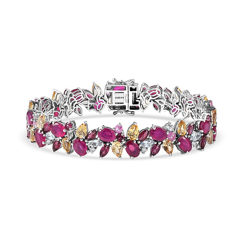 D'Joy Niassa Ruby (FF), Multi Gemstone 40.25 ctw Royal Bloom Symphony Bracelet in Rhodium Over Sterling Silver (6.50 In)