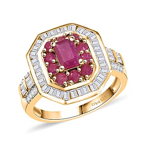 D'Joy Premium Montepuez Ruby and Moissanite 2.25 ctw Deco Dynasty Ring in 18K Vermeil Yellow Gold Over Sterling Silver (Size 5.0)