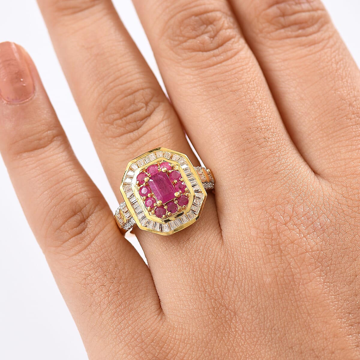 D'Joy Premium Montepuez Ruby and Moissanite 2.25 ctw Deco Dynasty Ring in 18K Vermeil Yellow Gold Over Sterling Silver (Size 5.0) image number 2