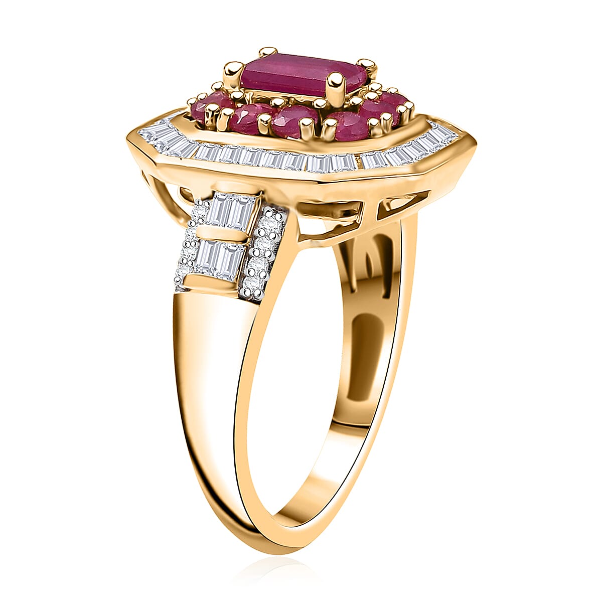 D'Joy Premium Montepuez Ruby and Moissanite 2.25 ctw Deco Dynasty Ring in 18K Vermeil Yellow Gold Over Sterling Silver (Size 5.0) image number 3