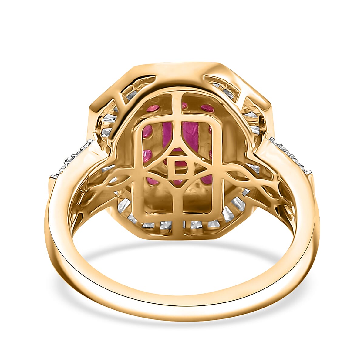 D'Joy Premium Montepuez Ruby and Moissanite 2.25 ctw Deco Dynasty Ring in 18K Vermeil Yellow Gold Over Sterling Silver (Size 5.0) image number 4