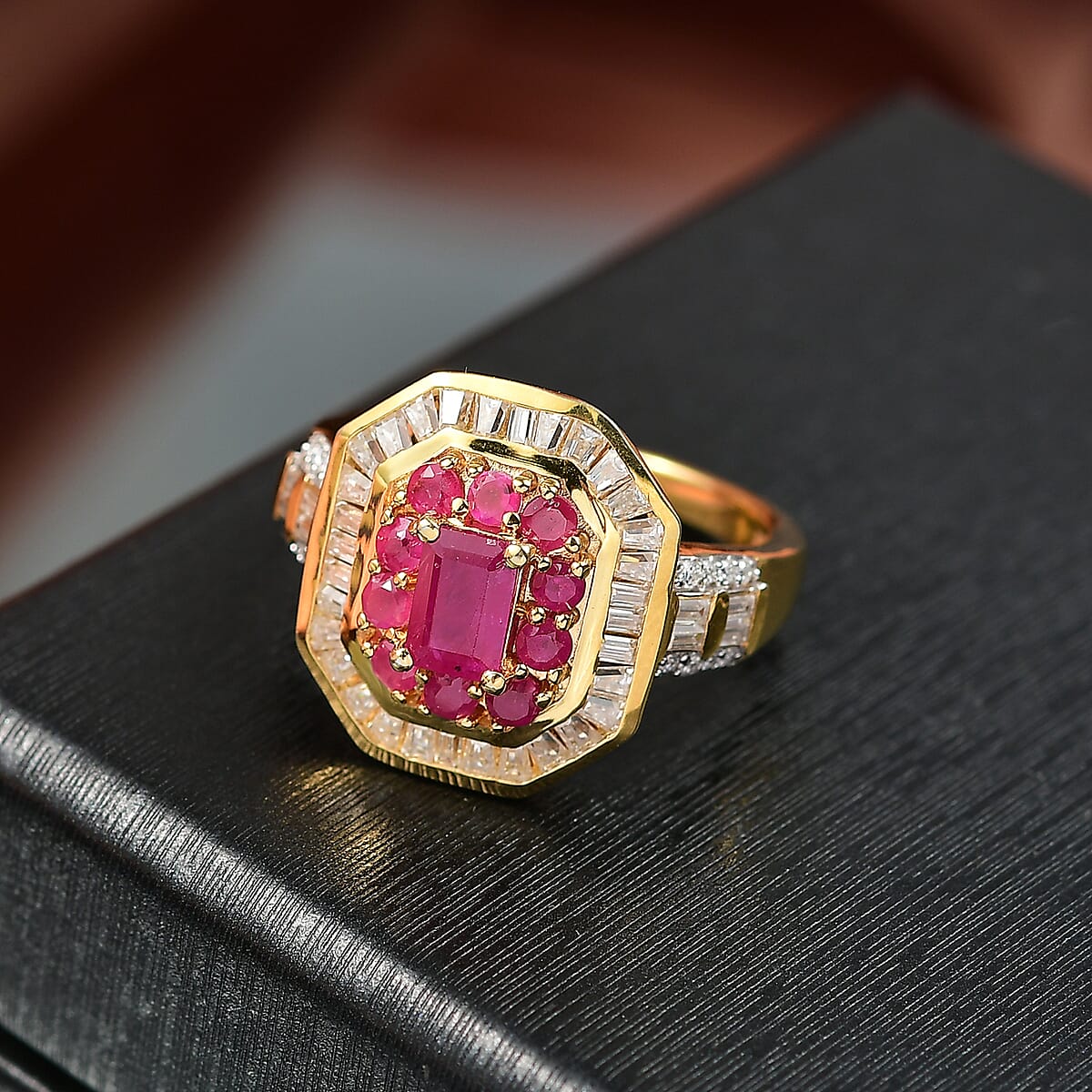 D'Joy Premium Montepuez Ruby and Moissanite 2.25 ctw Deco Dynasty Ring in 18K Vermeil Yellow Gold Over Sterling Silver (Size 6.0) image number 1