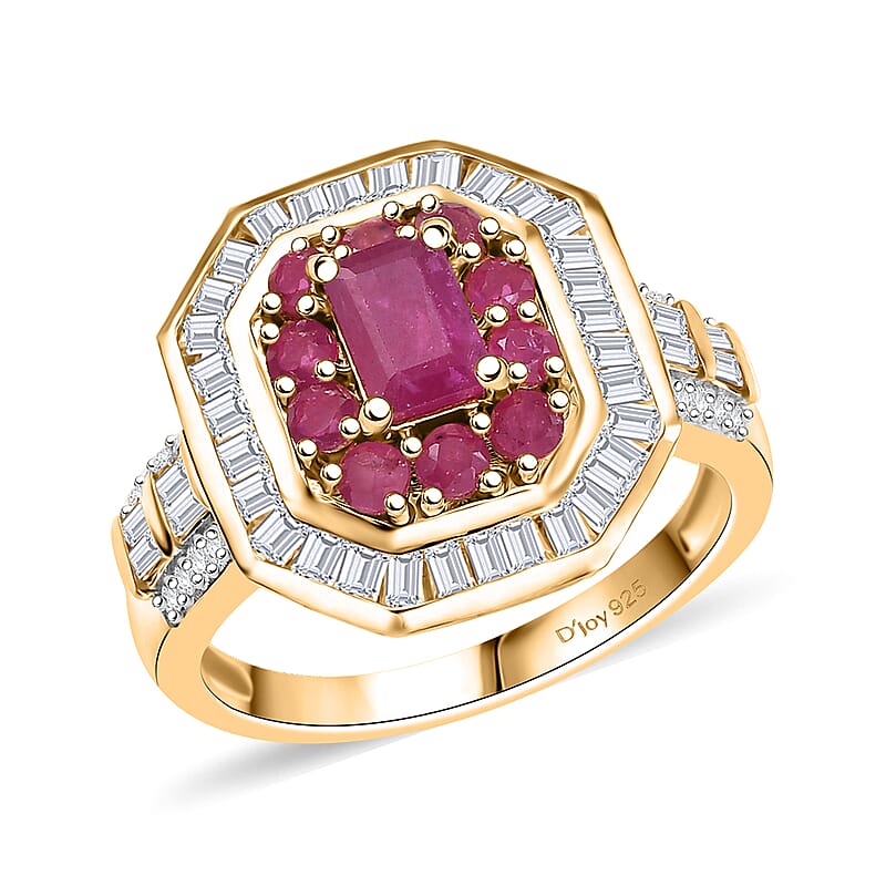 D'Joy Montepuez Ruby, Moissanite Ring in 18K Vermeil YG Over Sterling Silver 2.25 ctw (Size 7.0)