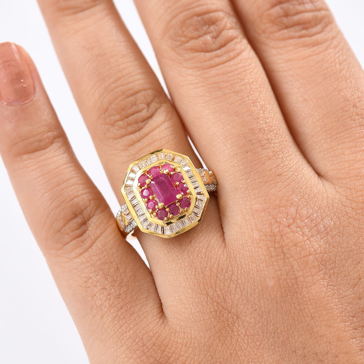 D’Joy Premium Mozambique Ruby and Moissanite 2.25 ctw Deco Dynasty Ring in 18K Vermeil Yellow Gold Over Sterling Silver (Size 7.0)  image number 2