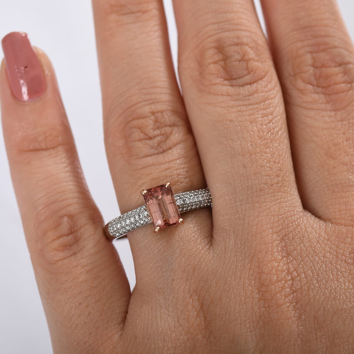 Premium Blush Tourmaline and E-F VS Luxuriant Lab Grown Diamond 2.00 ctw Crownlight Ring in 10K White and Rose Gold (Size 6.0) image number 2
