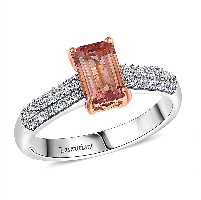 Premium Blush Tourmaline and E-F VS Luxuriant Lab Grown Diamond 2.00 ctw Crownlight Ring in 10K White and Rose Gold (Size 7.0)