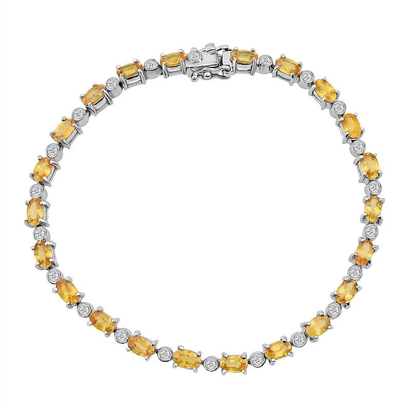 Madagascar Yellow Sapphire and G-H SI Luxuriant Lab Grown Diamond 6.85 ctw Art Deco Bracelet in Rhodium Over Sterling Silve (6.50 In)