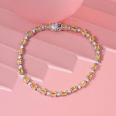 Madagascar Yellow Sapphire and G-H SI Luxuriant Lab Grown Diamond 6.85 ctw Art Deco Bracelet in Rhodium Over Sterling Silve (6.50 In)