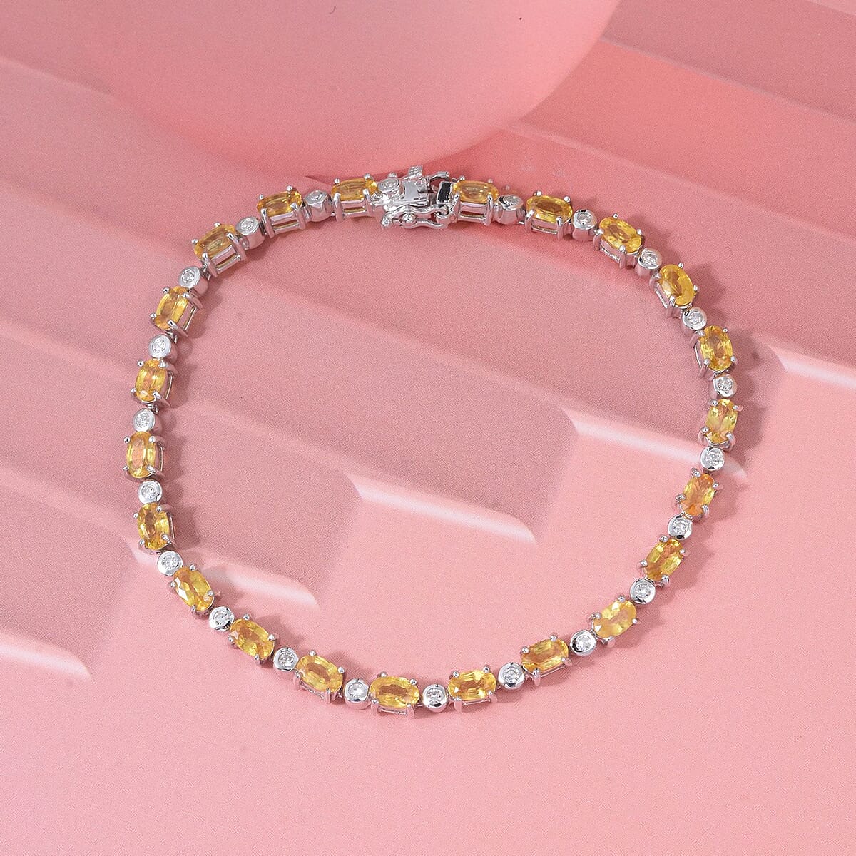 Madagascar Yellow Sapphire and G-H SI Luxuriant Lab Grown Diamond 8.60 ctw Art Deco Bracelet in Rhodium Over Sterling Silve (8.00 In) image number 1