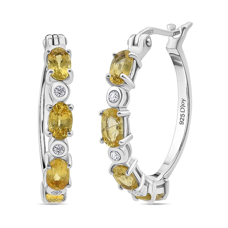 Madagascar Yellow Sapphire and Luxuriant Lab Grown Diamond 2.65 ctw Art Deco Hoop Earrings in Rhodium Over Sterling Silver