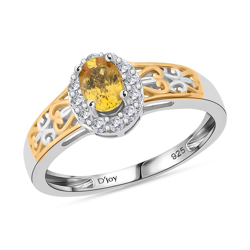 D'Joy Madagascar Yellow Sapphire and White Zircon 0.85 ctw Art Deco Ring in 18K Vermeil YG and Rhodium Over Sterling Silver (Size 10.0)