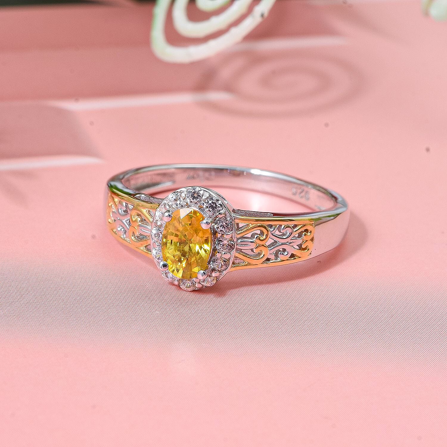 D'Joy Madagascar Yellow Sapphire and White Zircon 0.85 ctw Art Deco Ring in 18K Vermeil YG and Rhodium Over Sterling Silver (Size 10.0)
