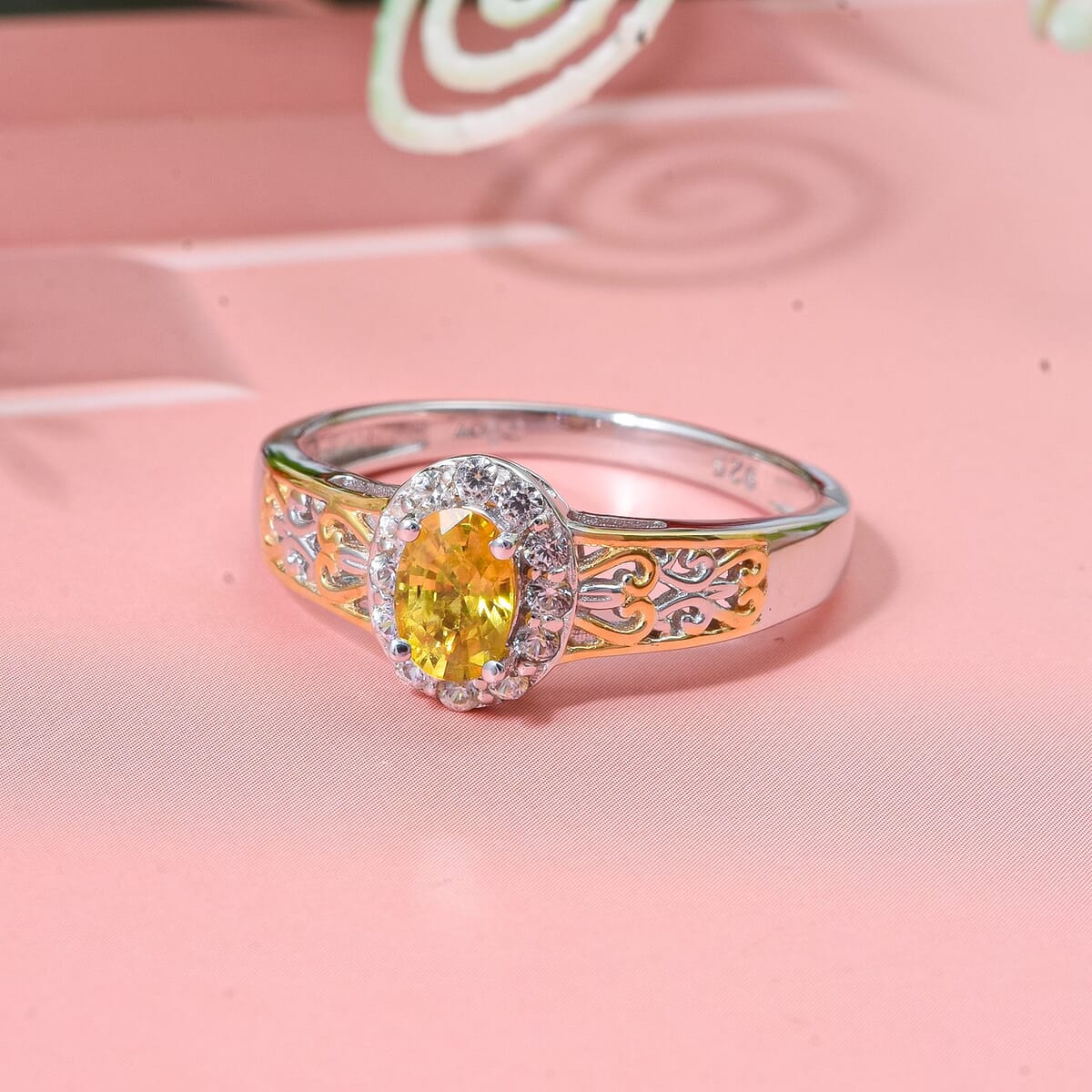 D'Joy Madagascar Yellow Sapphire and White Zircon 0.85 ctw Art Deco Ring in 18K Vermeil YG and Rhodium Over Sterling Silver (Size 10.0) image number 1