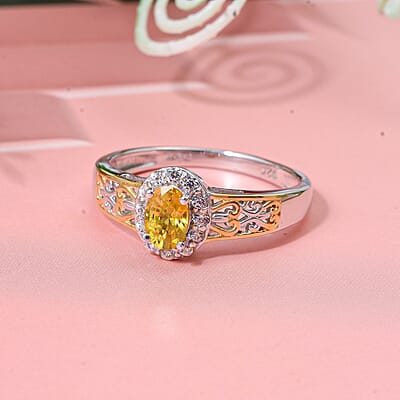 D'Joy Madagascar Yellow Sapphire and White Zircon 0.85 ctw Art Deco Ring in 18K Vermeil YG and Rhodium Over Sterling Silver (Size 10.0)