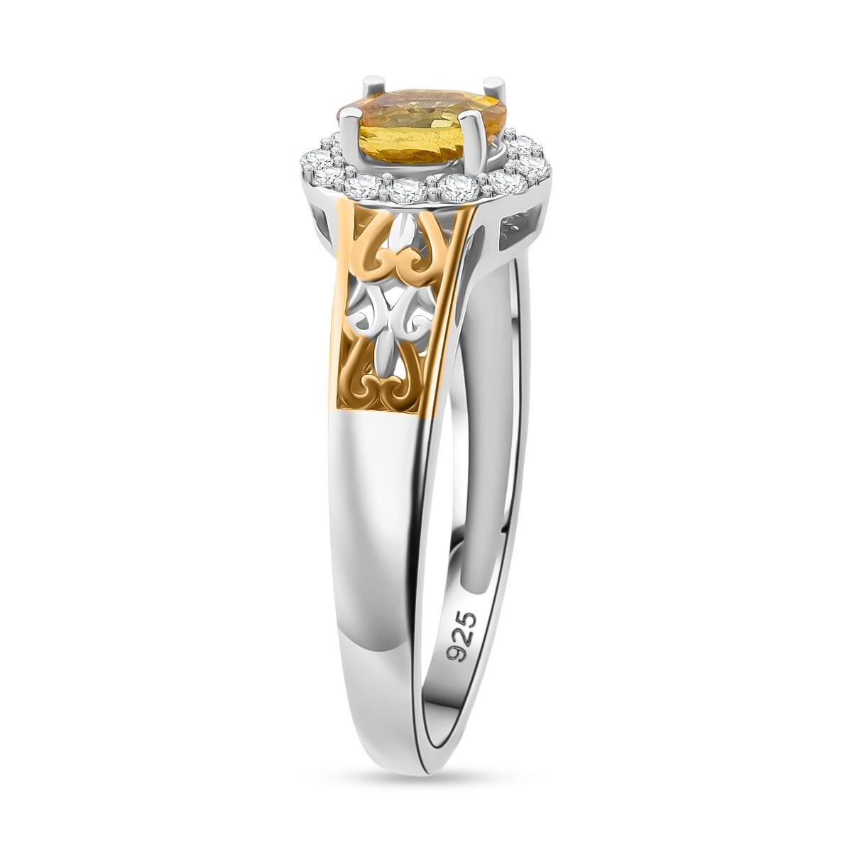 D'Joy Madagascar Yellow Sapphire and White Zircon 0.85 ctw Art Deco Ring in 18K Vermeil YG and Rhodium Over Sterling Silver (Size 10.0) image number 3
