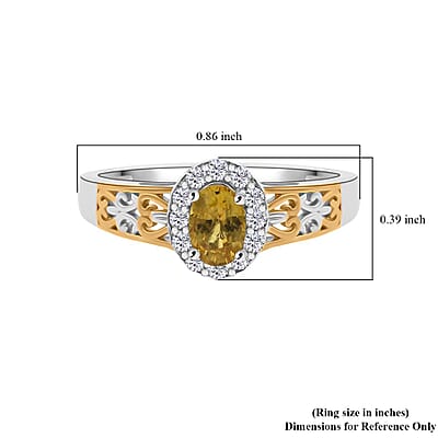 D'Joy Madagascar Yellow Sapphire and White Zircon 0.85 ctw Art Deco Ring in 18K Vermeil YG and Rhodium Over Sterling Silver (Size 10.0)
