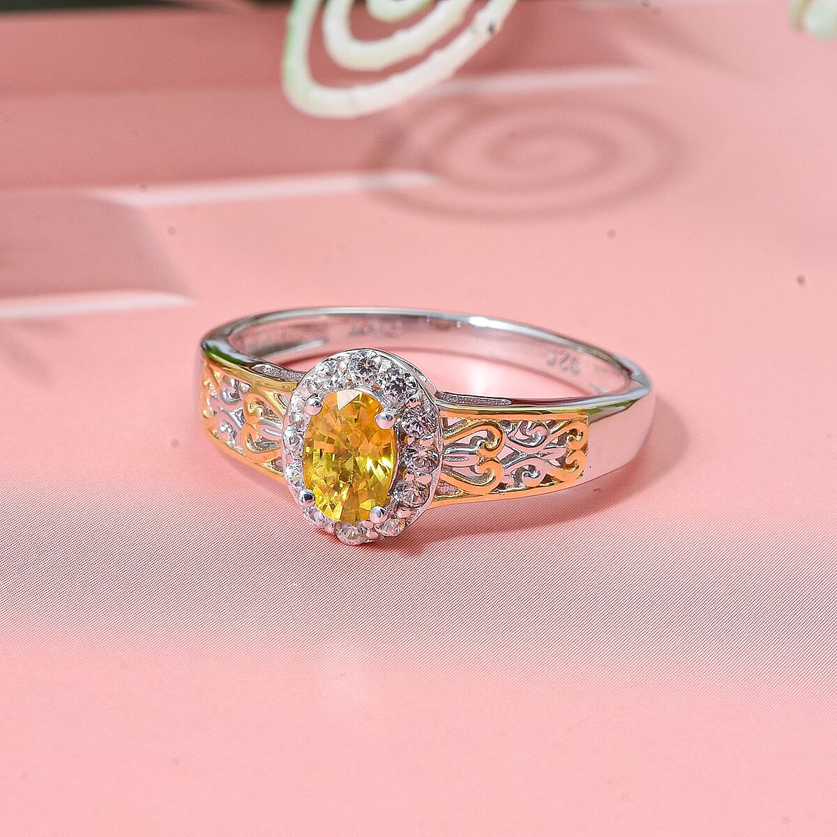 D'Joy Madagascar Yellow Sapphire and White Zircon 0.85 ctw Art Deco Ring in 18K Vermeil YG and Rhodium Over Sterling Silver (Size 7.0) image number 1