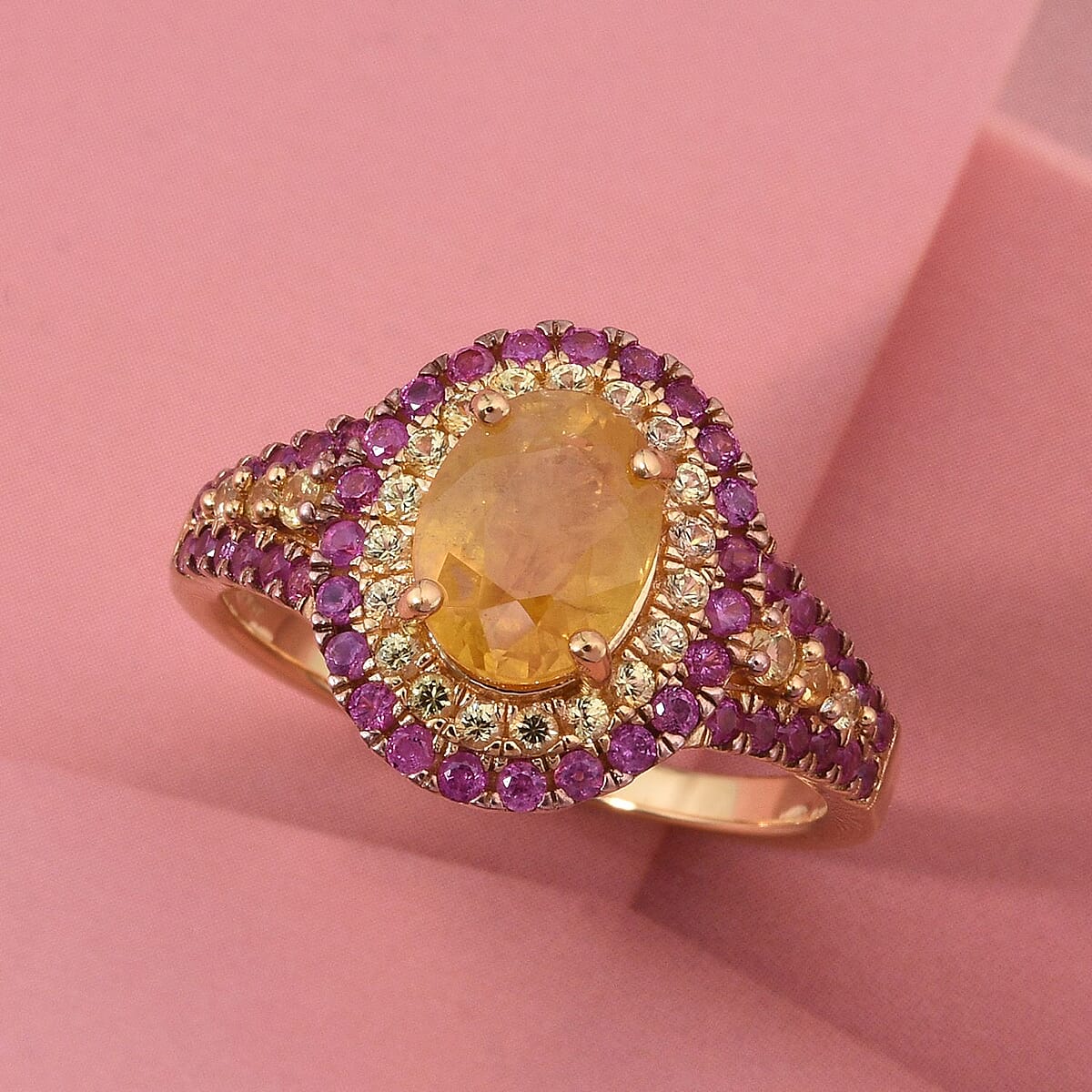 D'Joy Madagascar Yellow Sapphire and Pink Sapphire 2.70 ctw Solstice Royale Ring in 18K Vermeil Yellow Gold Over Sterling Silver (Size 9.0) image number 1