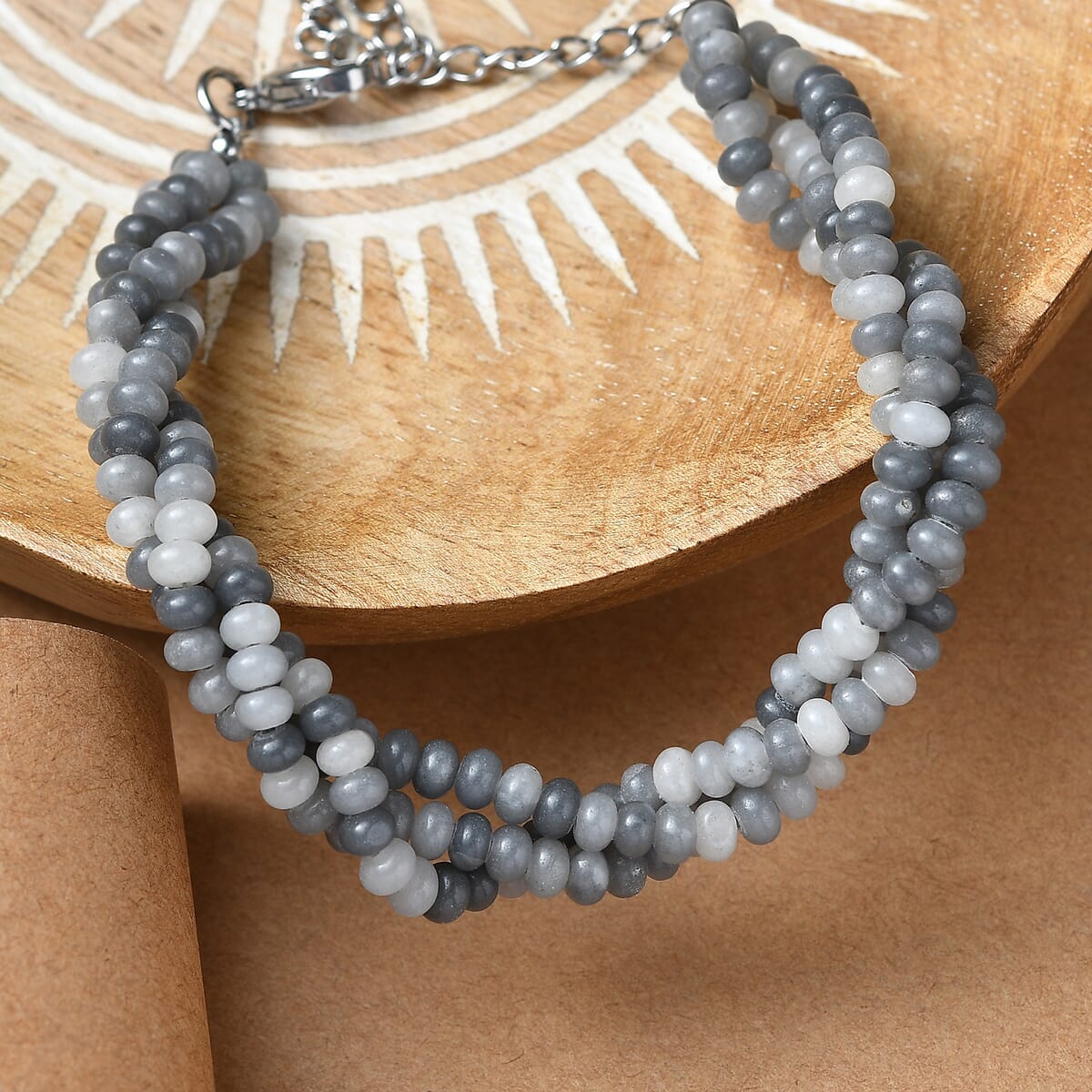 Grey Moonstone 70.00 ctw Beaded 2 Row Bracelet in Stainless Steel (7.25 In) image number 1