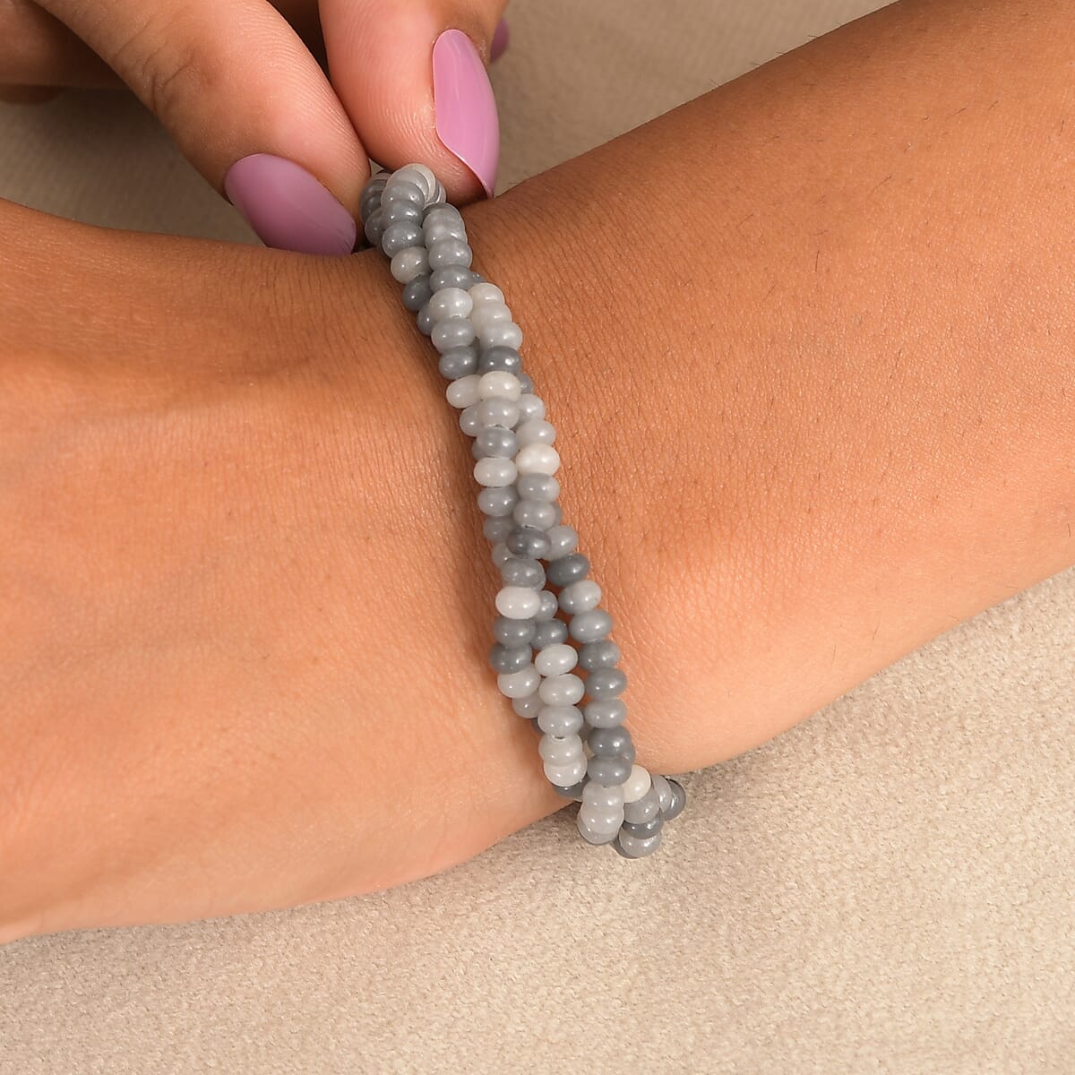 Grey Moonstone 70.00 ctw Beaded 2 Row Bracelet in Stainless Steel (7.25 In) image number 2