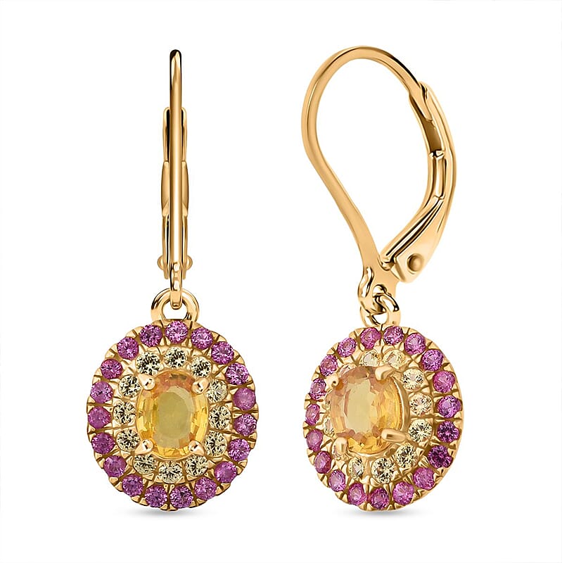 D'Joy Madagascar Yellow Sapphire and Pink Sapphire 1.75 ctw Solstice Royale Earrings in 18K Vermeil Yellow Gold Over Sterling Silver