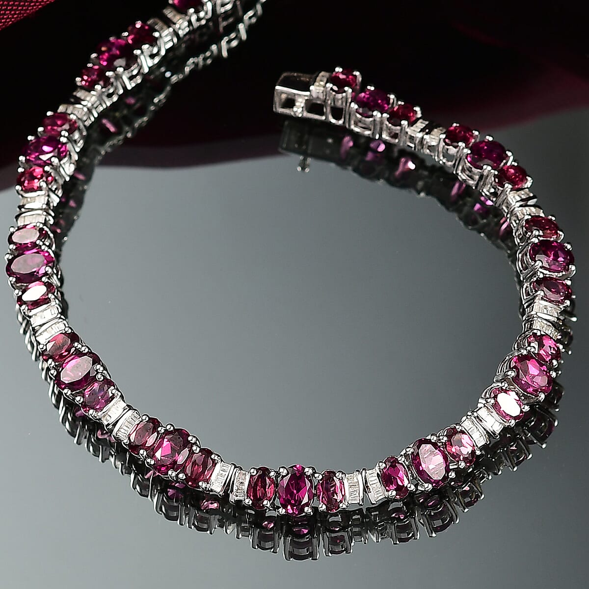 D'Joy AAA Radiant Ember Garnet and Diamond 15.00 ctw Bracelet in Rhodium Over Sterling Silver (7.25 In) image number 1
