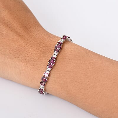 D'Joy AAA Radiant Ember Garnet and Diamond 15.00 ctw Bracelet in Rhodium Over Sterling Silver (7.25 In)