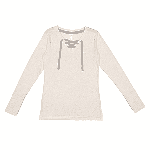 LAT Natural Long Sleeve Lace-Up Cotton Blend Fine Jersey Tee - L