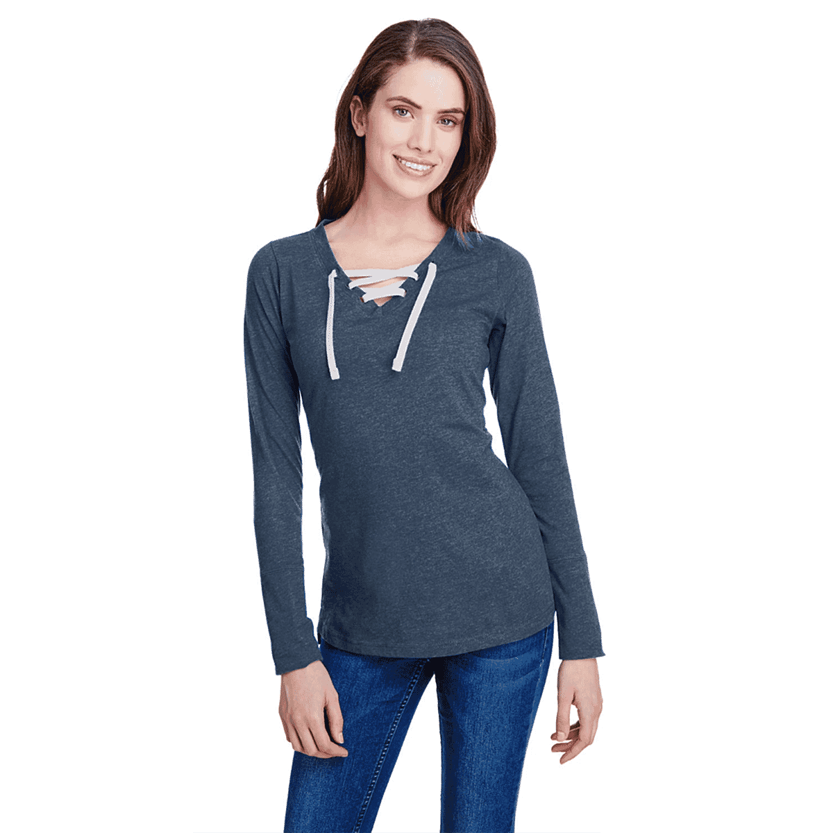 LAT Navy Long Sleeve Lace-Up Cotton Blend Fine Jersey Tee - M image number 0
