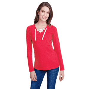 LAT Red Long Sleeve Lace-Up Cotton Blend Fine Jersey Tee - XL