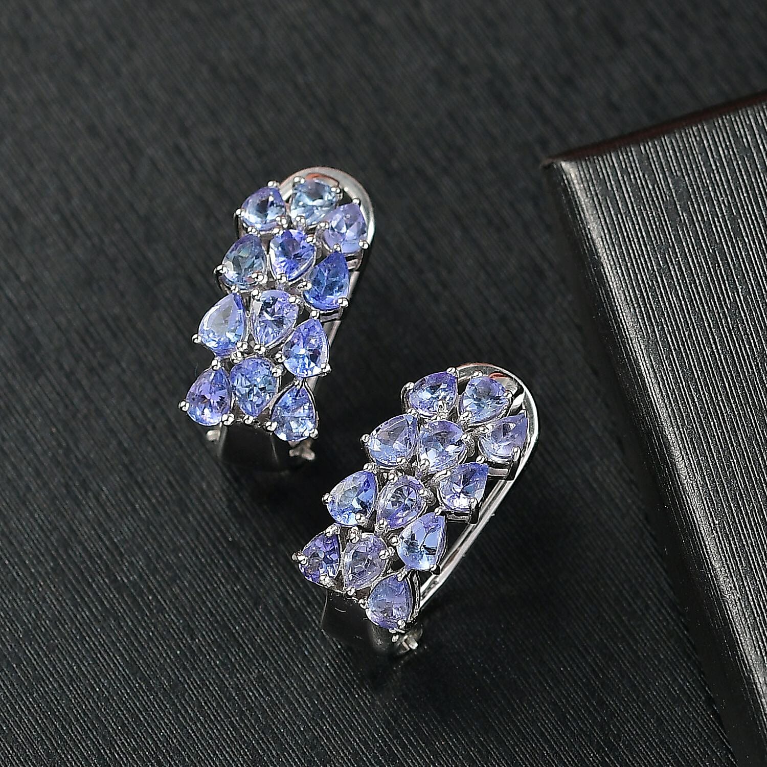 D'Joy Tanzanite 4.10 ctw Wisteria Blossom Hoop Earrings in Rhodium Over Sterling Silver 
