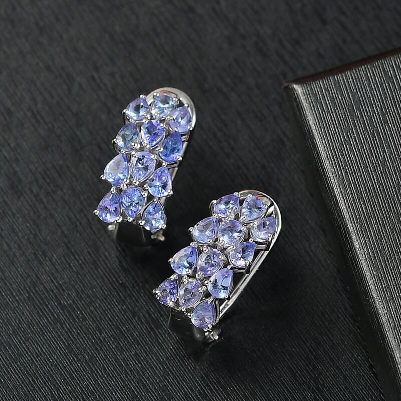 D'Joy Tanzanite 4.10 ctw Wisteria Blossom Hoop Earrings in Rhodium Over Sterling Silver 