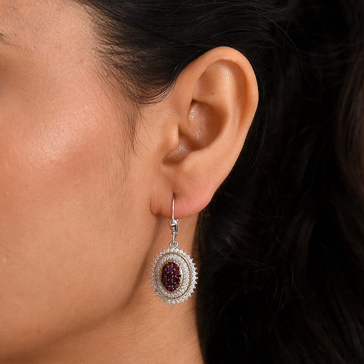 D'Joy Mozambique Ruby and Moissanite 2.30 ctw Earrings in 18K Vermeil YG and Rhodium Over Sterling Silver image number 2