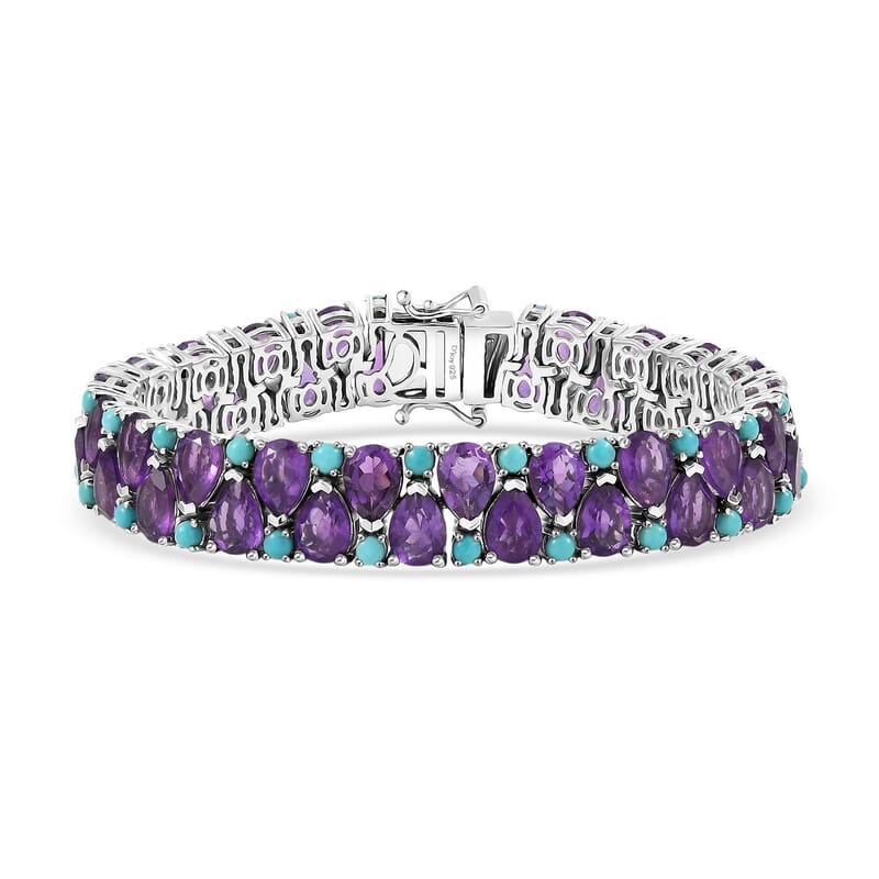 D'Joy African Amethyst and Sleeping Beauty Turquoise 28.90 ctw Mystic Oasis Bracelet in Rhodium Over Sterling Silver (6.50 In)