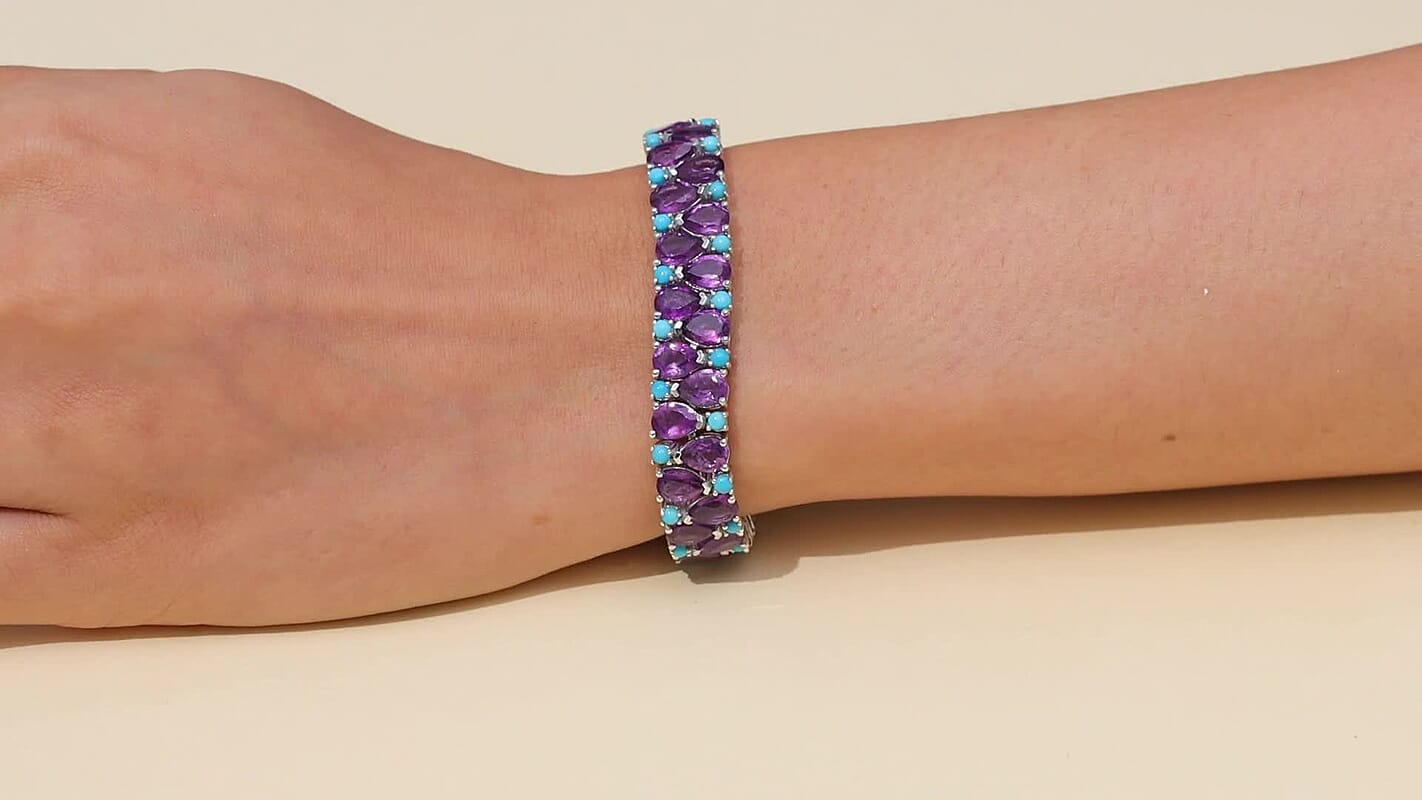 D’Joy African Amethyst, Sleeping Beauty Turquoise Mystic Oasis Bracelet in Rhodium Over Sterling Silver (6.50 In) 28.90 ctw