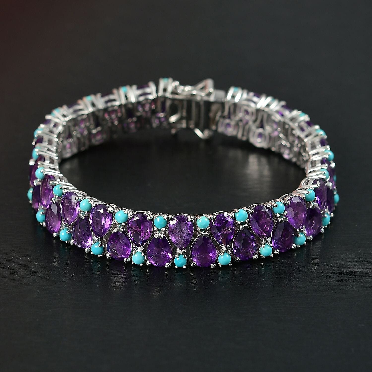 D’Joy African Amethyst, Sleeping Beauty Turquoise Mystic Oasis Bracelet in Rhodium Over Sterling Silver (6.50 In) 28.90 ctw
