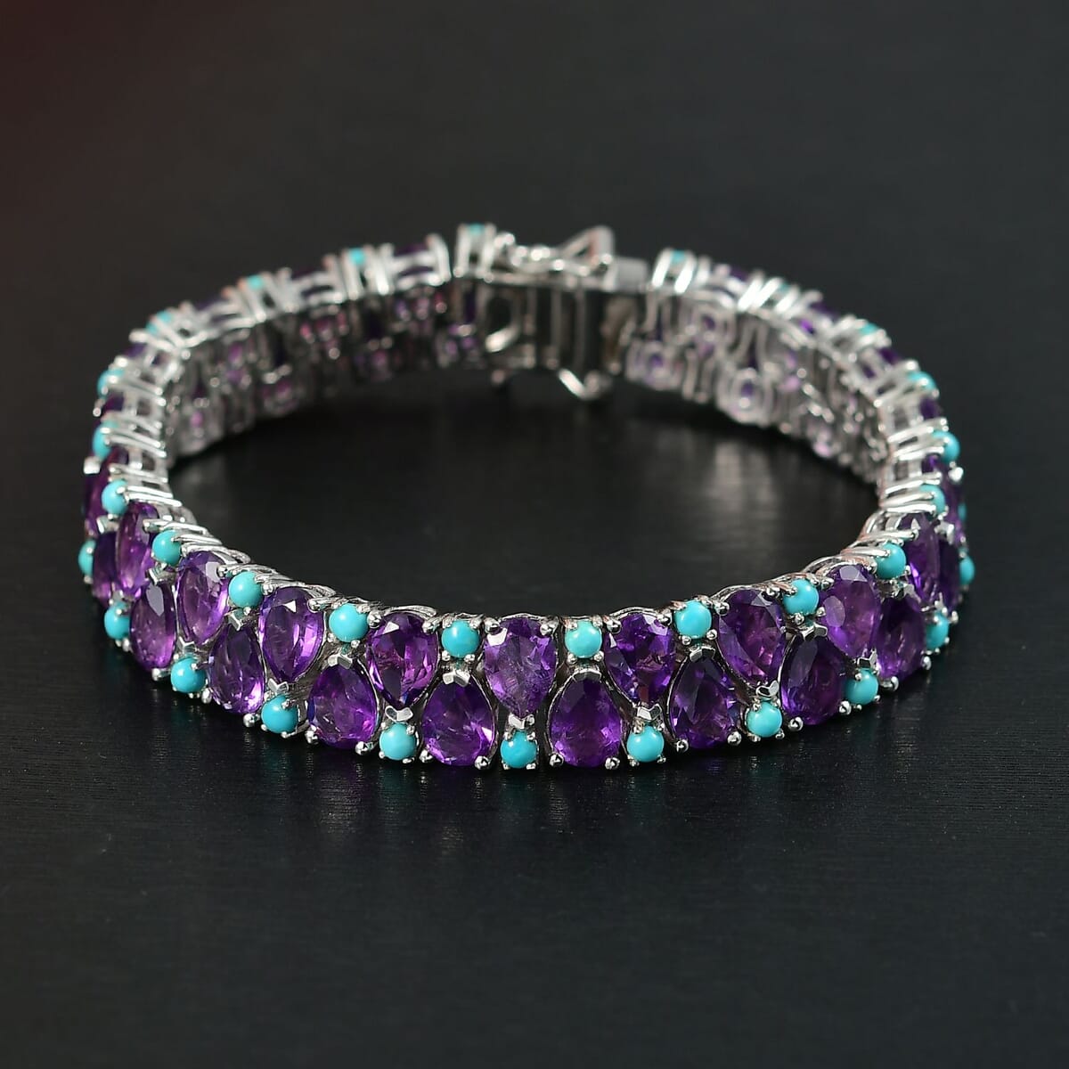 D’Joy African Amethyst and Sleeping Beauty Turquoise 28.90 ctw Mystic Oasis Bracelet in Rhodium Over Sterling Silver (6.50 In) image number 1