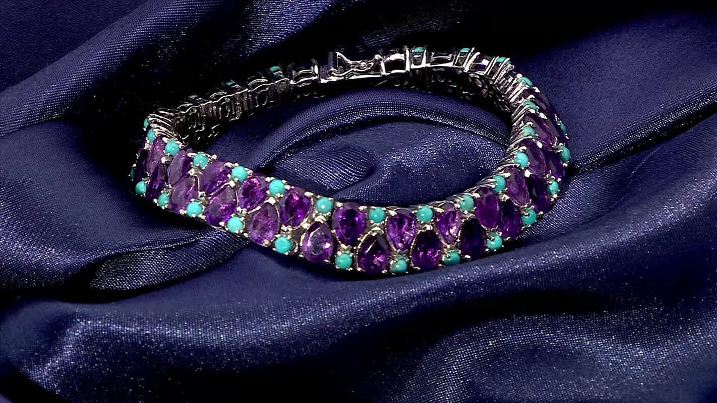 D’Joy African Amethyst, Sleeping Beauty Turquoise Mystic Oasis Bracelet in Rhodium Over Sterling Silver (6.50 In) 28.90 ctw
