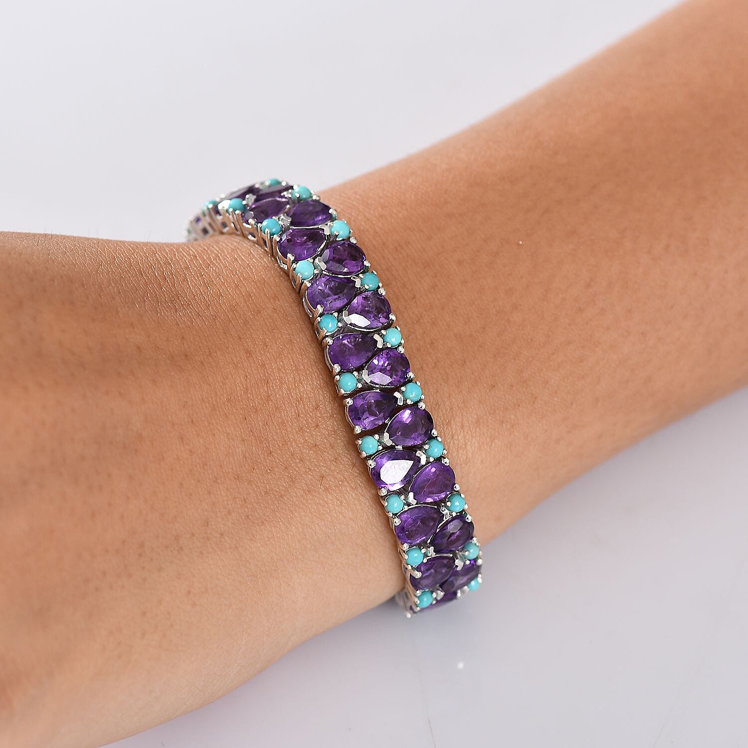 D'Joy African Amethyst and Sleeping Beauty Turquoise 28.90 ctw Mystic Oasis Bracelet in Rhodium Over Sterling Silver (6.50 In)