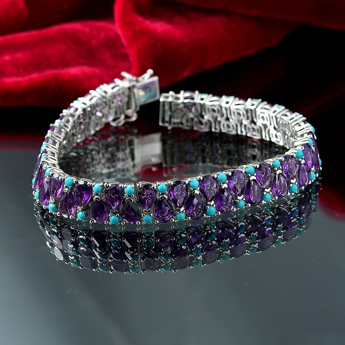 D'Joy African Amethyst and Sleeping Beauty Turquoise 31.25 ctw Mystic Oasis Bracelet in Rhodium Over Sterling Silver (7.25 In) image number 1