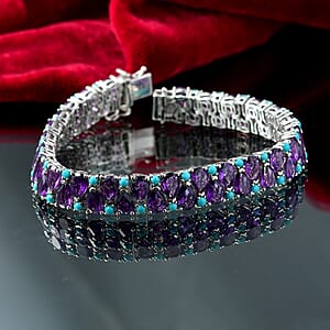 D'Joy African Amethyst and Sleeping Beauty Turquoise 34 ctw Mystic Oasis Bracelet in Rhodium Over Sterling Silver (8.00 In)