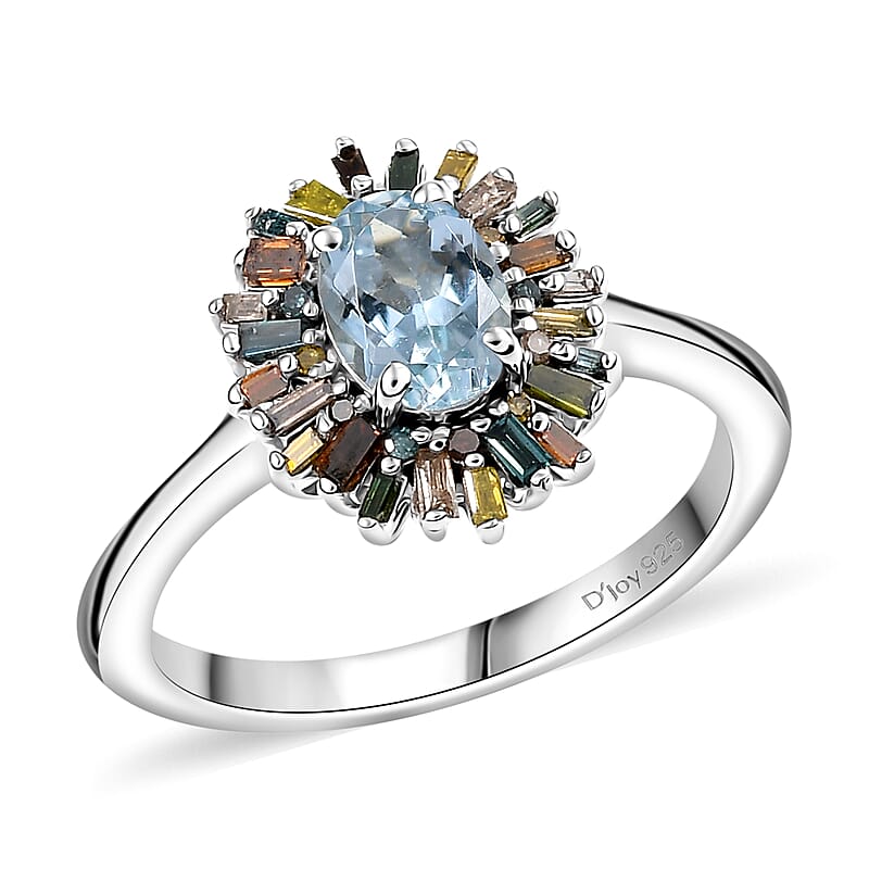 D'Joy Santa Maria Aquamarine and Multi Diamond 1.00 ctw Ocean Fire Ring in Rhodium Over Sterling Silver (Size 10.0)