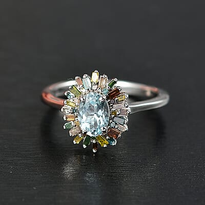 D'Joy Santa Maria Aquamarine and Multi Diamond 1.00 ctw Ocean Fire Ring in Rhodium Over Sterling Silver (Size 10.0)